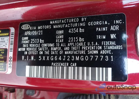 2021 Kia K5 Gt-Line z USA, uszkodzony, nr VIN 5XXG64J23MG077731